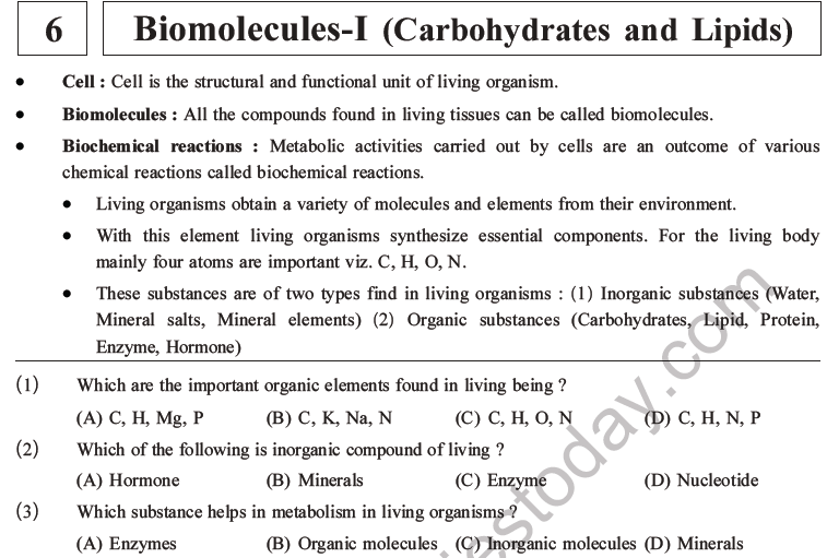 NEET Biology Biomolecules MCQs Set C, Multiple Choice Questions